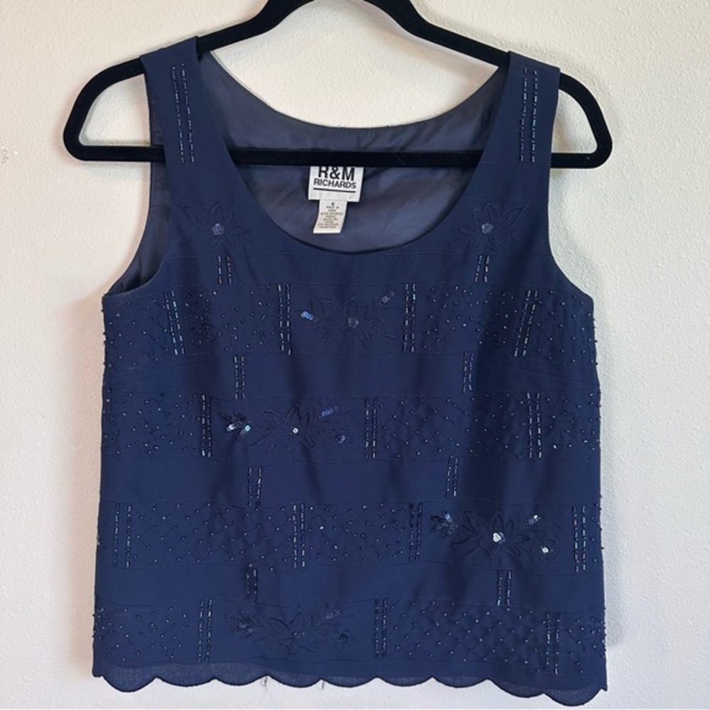 VTG Womens 8 R&M Richards Navy Blue Beaded Sequin Floral Scalloped Top‎ Feminine